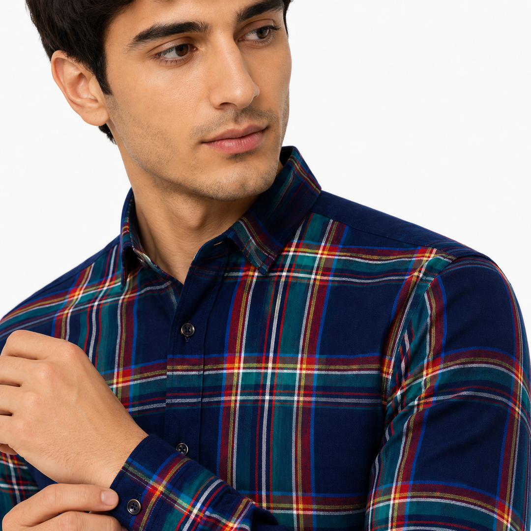 Men’s Navy Multicolour Check Slim-Fit Shirt