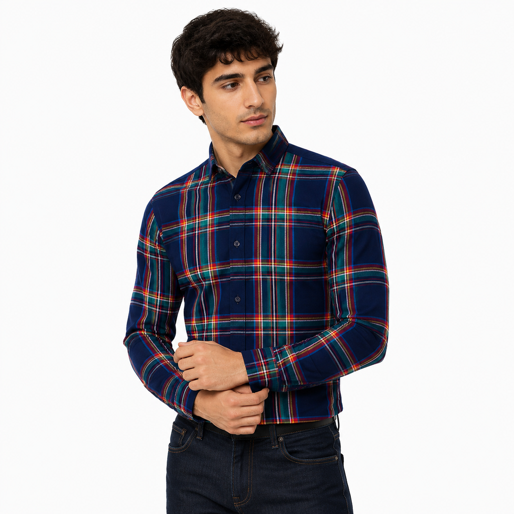 Men’s Navy Multicolour Check Slim-Fit Shirt