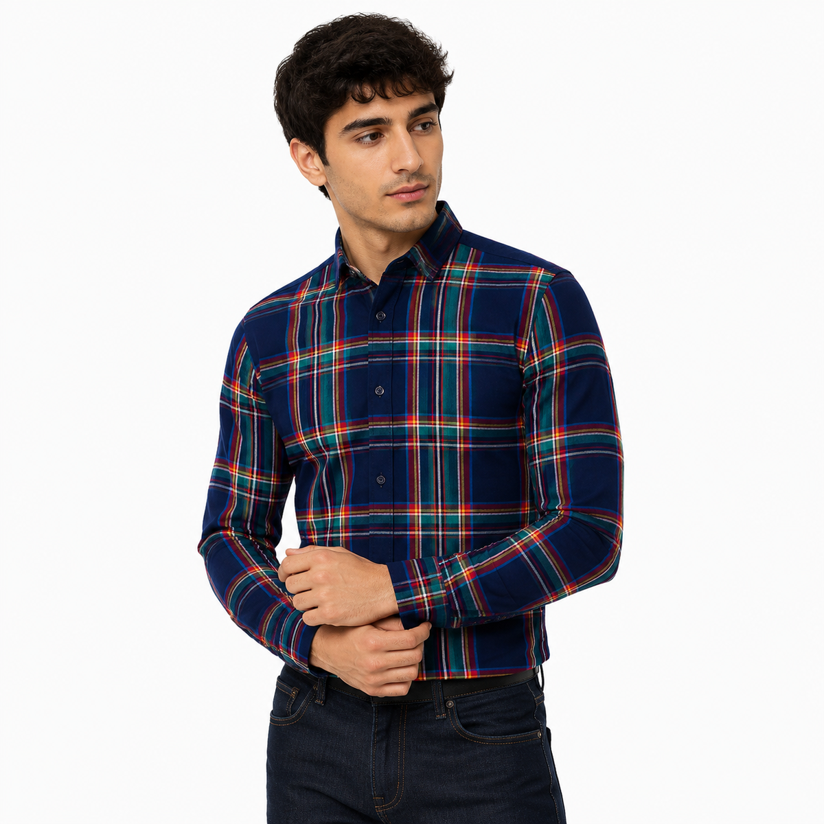 Men’s Navy Multicolour Check Slim-Fit Shirt