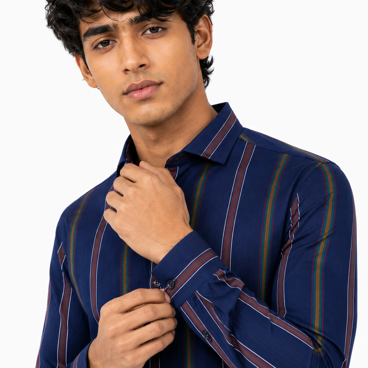 Men’s Navy Multicolour Striped Slim-Fit Shirt