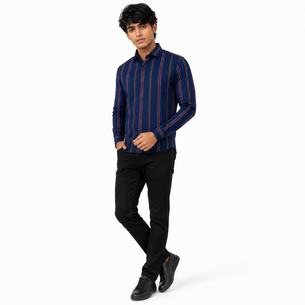 Men’s Navy Multicolour Striped Slim-Fit Shirt