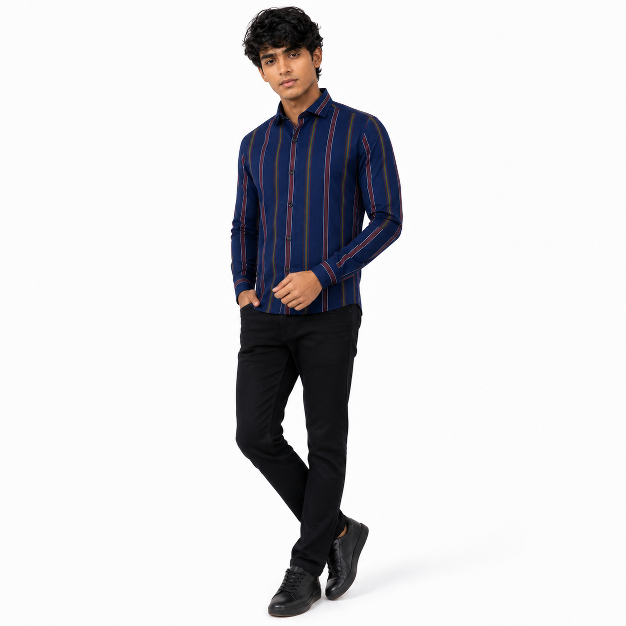 Men’s Navy Multicolour Striped Slim-Fit Shirt