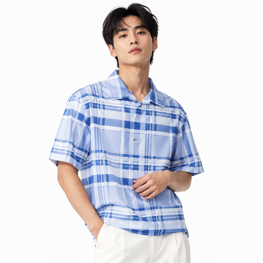 Men’s Sky Blue Stretch Check Half-Button Shirt