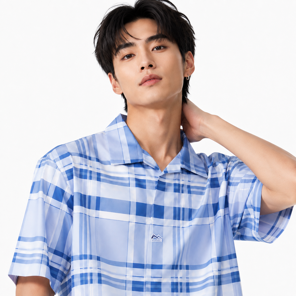 Men’s Sky Blue Stretch Check Half-Button Shirt