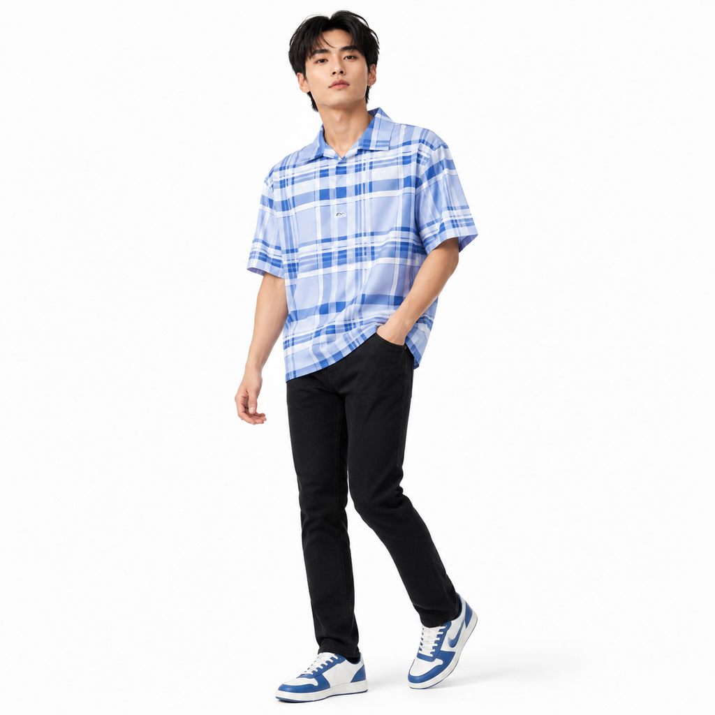 Men’s Sky Blue Stretch Check Half-Button Shirt