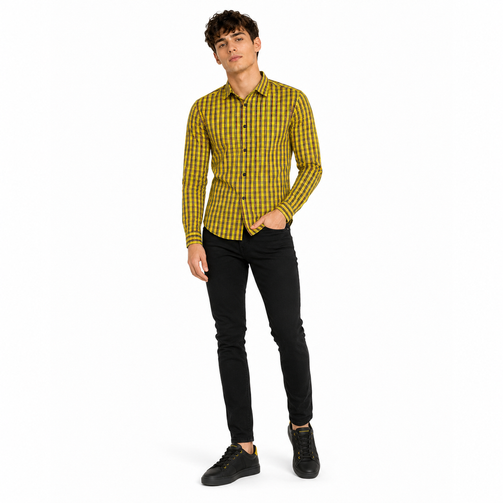 Men’s Yellow Multi-Check Slim-Fit Shirt