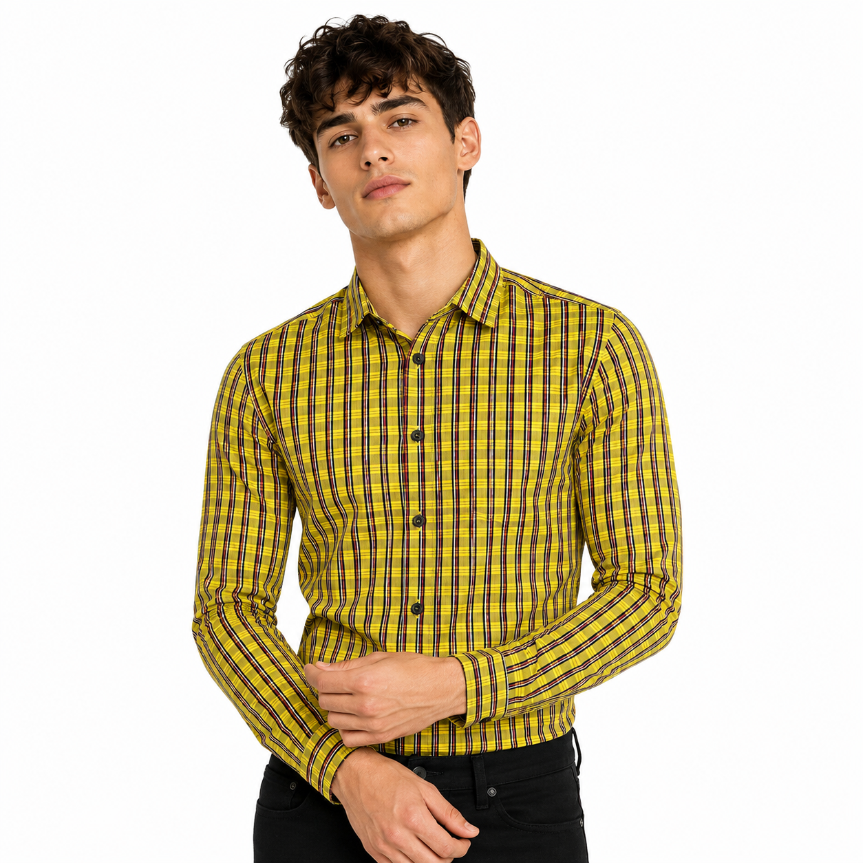 Men’s Yellow Multi-Check Slim-Fit Shirt