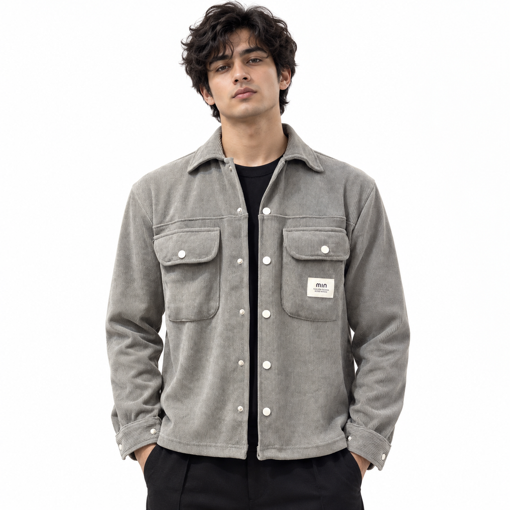 Corduroy Boxy Fit Double Pocket Shirt – Stone Grey