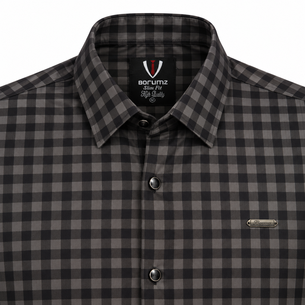 Midnight Charcoal Gingham Checkered Shirt | Slim Fit