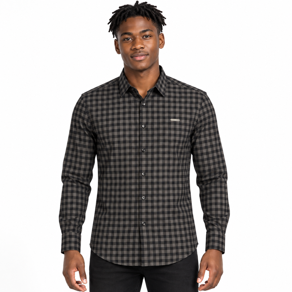 Midnight Charcoal Gingham Checkered Shirt | Slim Fit