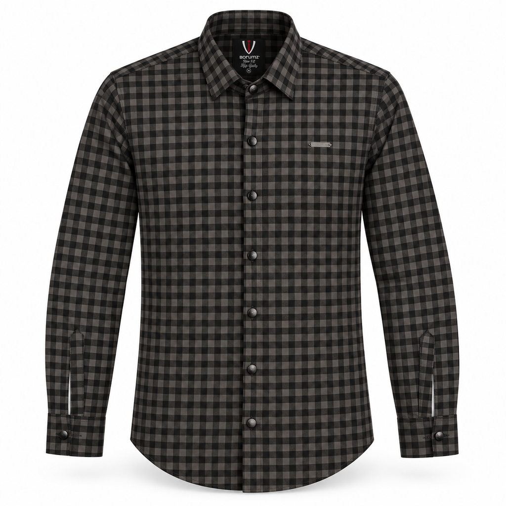Midnight Charcoal Gingham Checkered Shirt | Slim Fit