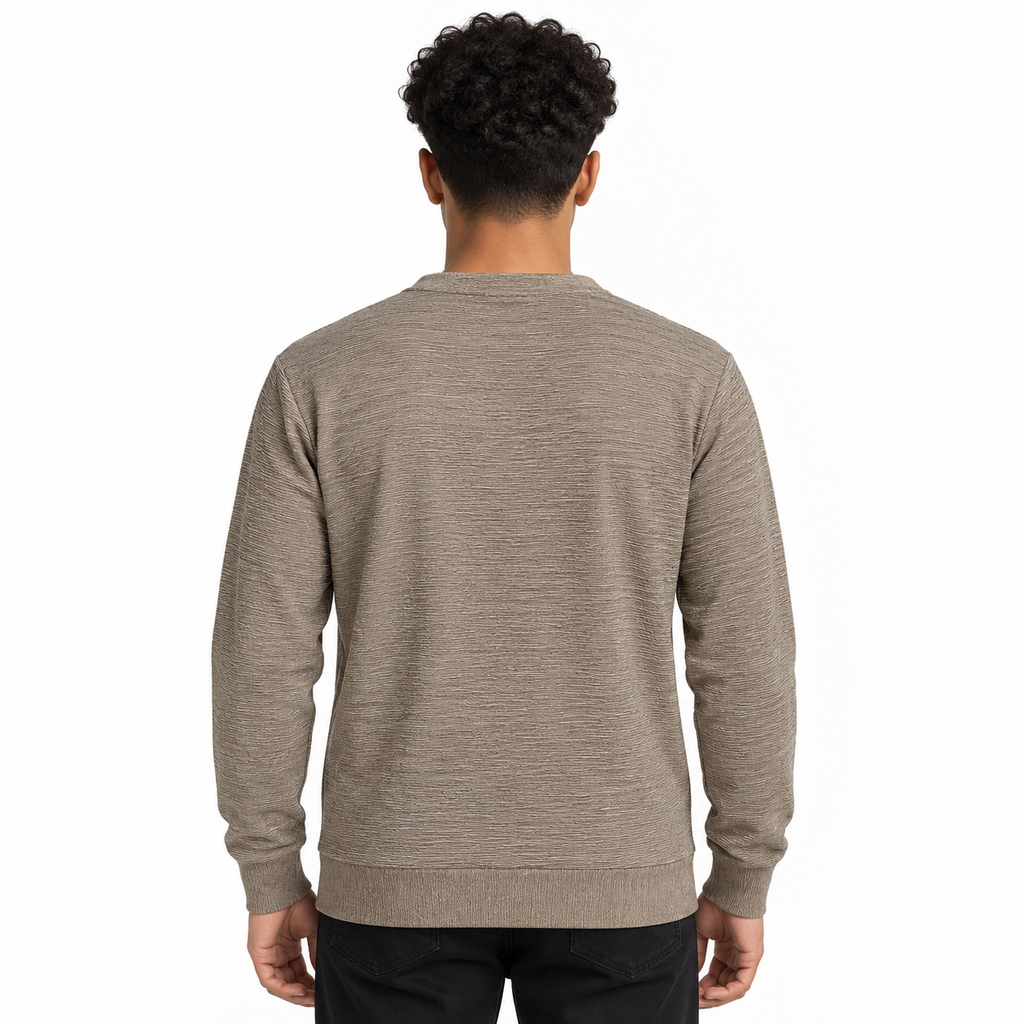 Mocha Brown Textured Split-Neck Full Sleeve tee | Relaxed Fit
