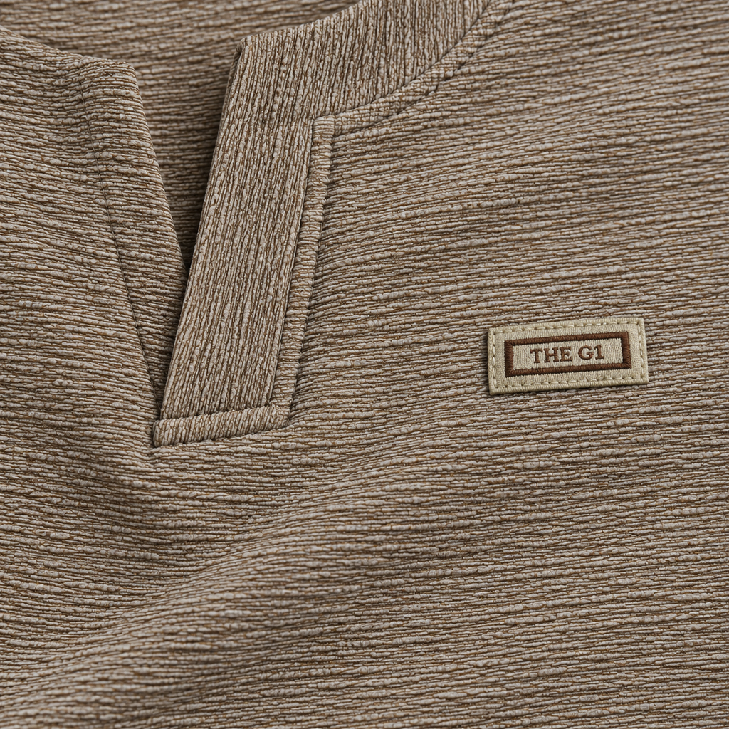 Mocha Brown Textured Split-Neck Full Sleeve tee | Relaxed Fit