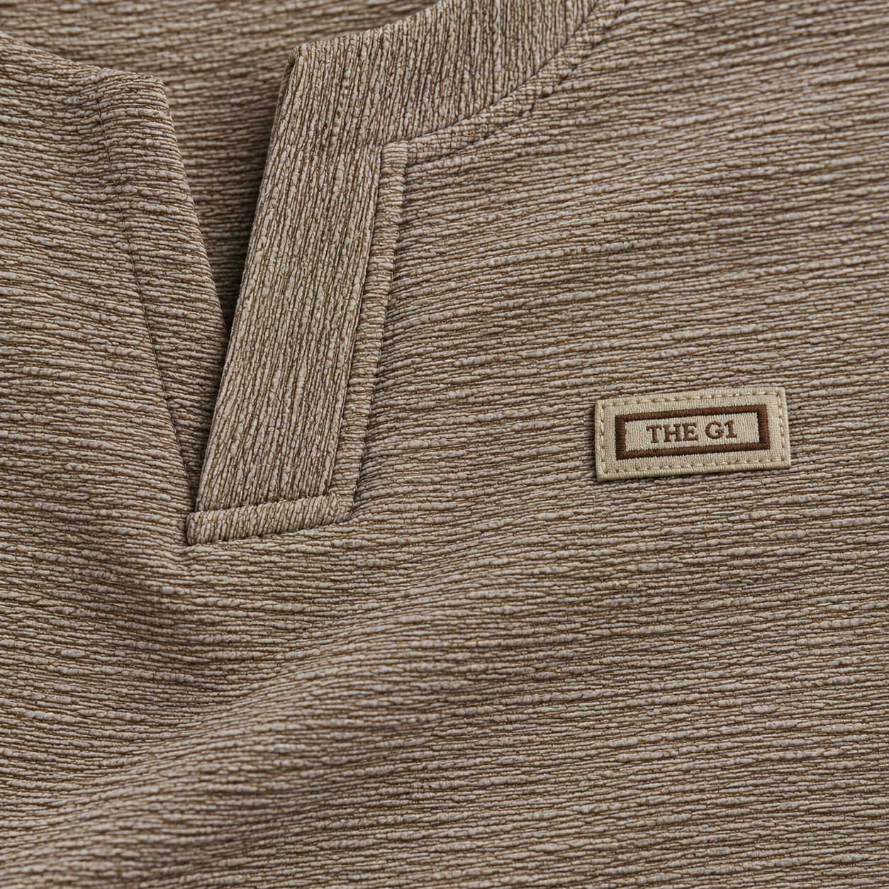 Mocha Brown Textured Split-Neck Full Sleeve tee | Relaxed Fit