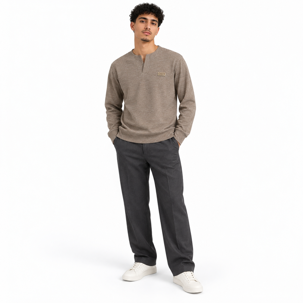 Mocha Brown Textured Split-Neck Full Sleeve tee | Relaxed Fit