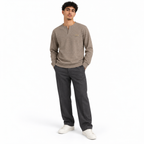 Mocha Brown Textured Split-Neck Full Sleeve tee | Relaxed Fit