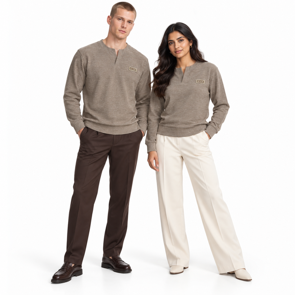 Mocha Brown Textured Split-Neck Full Sleeve tee | Relaxed Fit