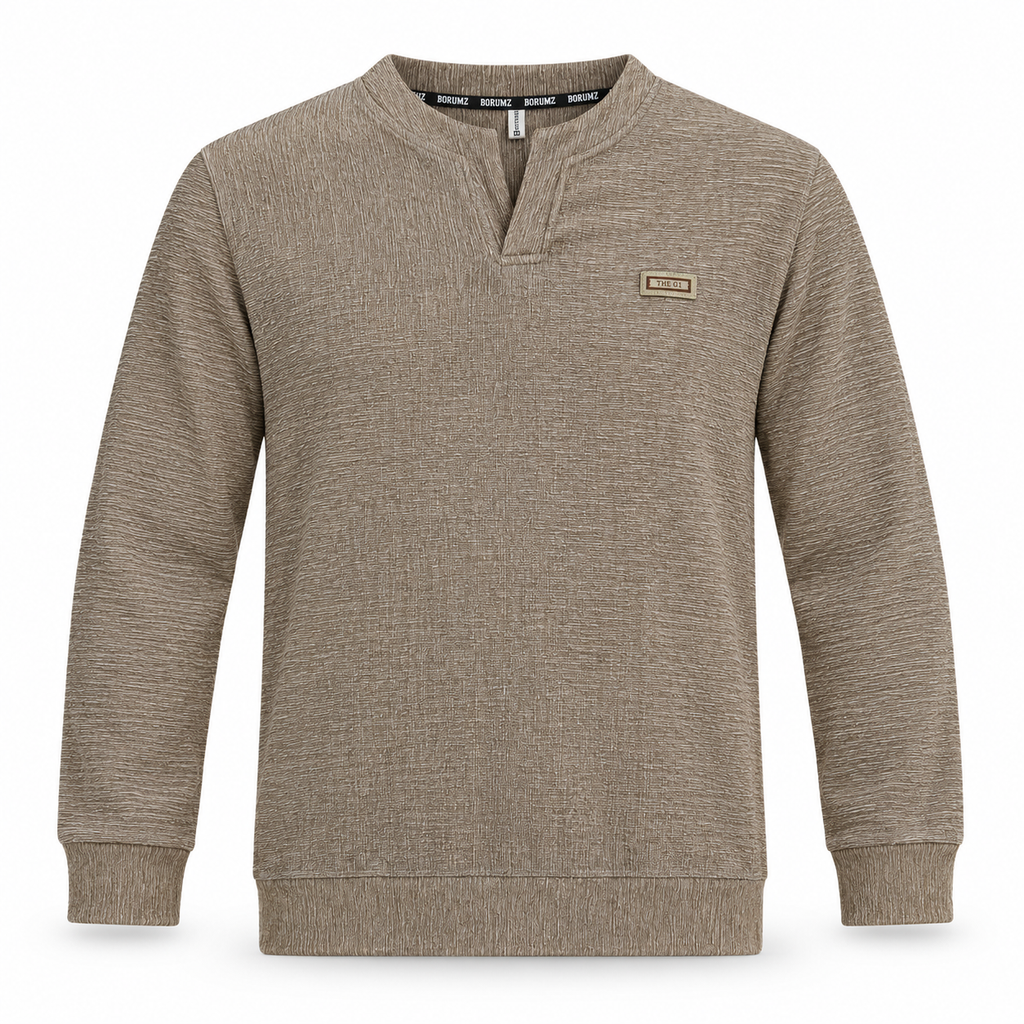 Mocha Brown Textured Split-Neck Full Sleeve tee | Relaxed Fit