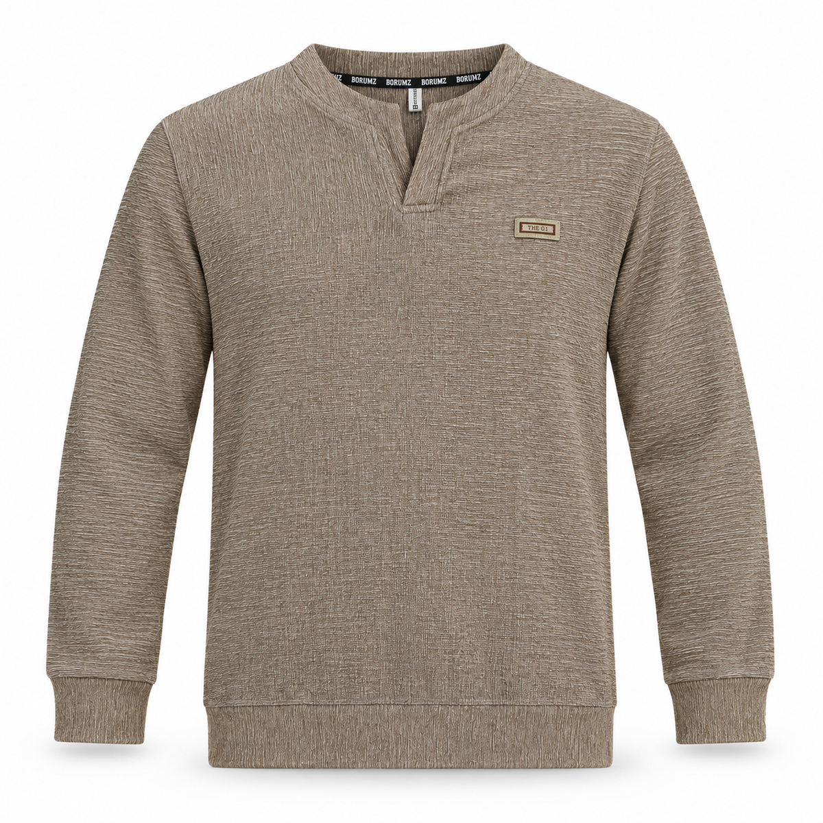 Mocha Brown Textured Split-Neck Full Sleeve tee | Relaxed Fit