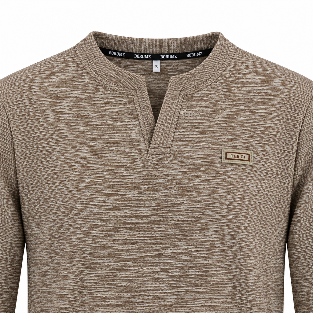 Mocha Brown Textured Split-Neck Full Sleeve tee | Relaxed Fit