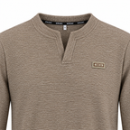 Mocha Brown Textured Split-Neck Full Sleeve tee | Relaxed Fit