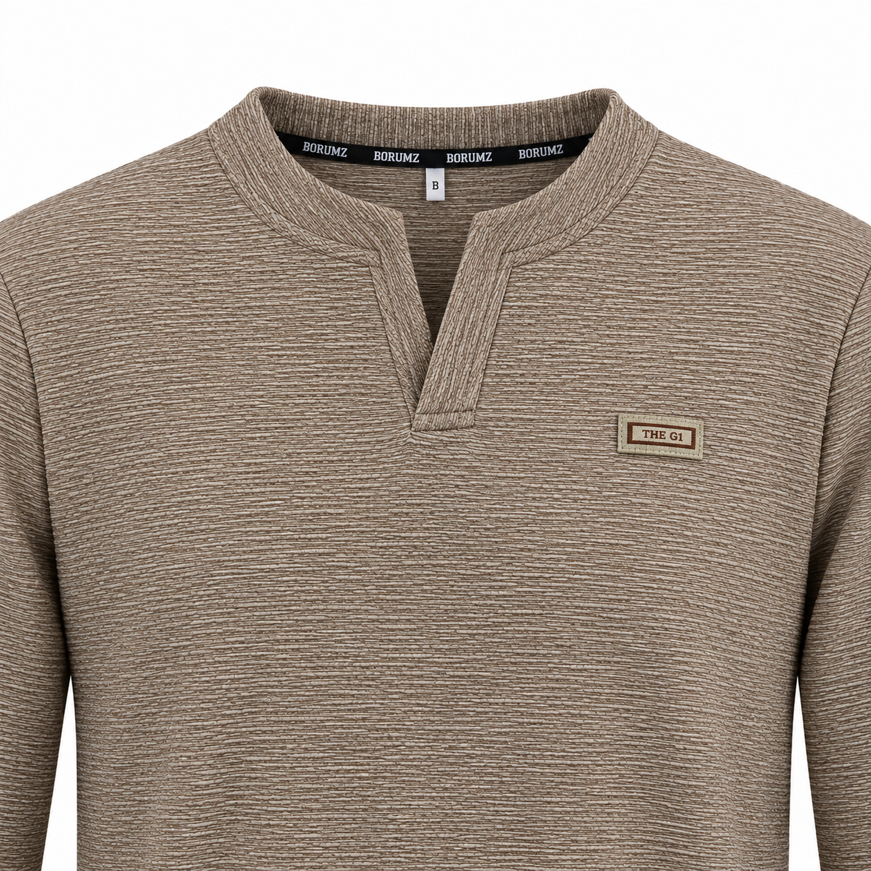 Mocha Brown Textured Split-Neck Full Sleeve tee | Relaxed Fit