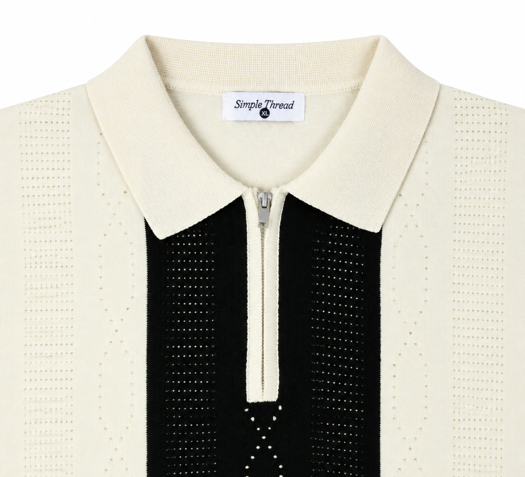 Monaco Ribbed Knit Zip Polo Tee – Cream & Black
