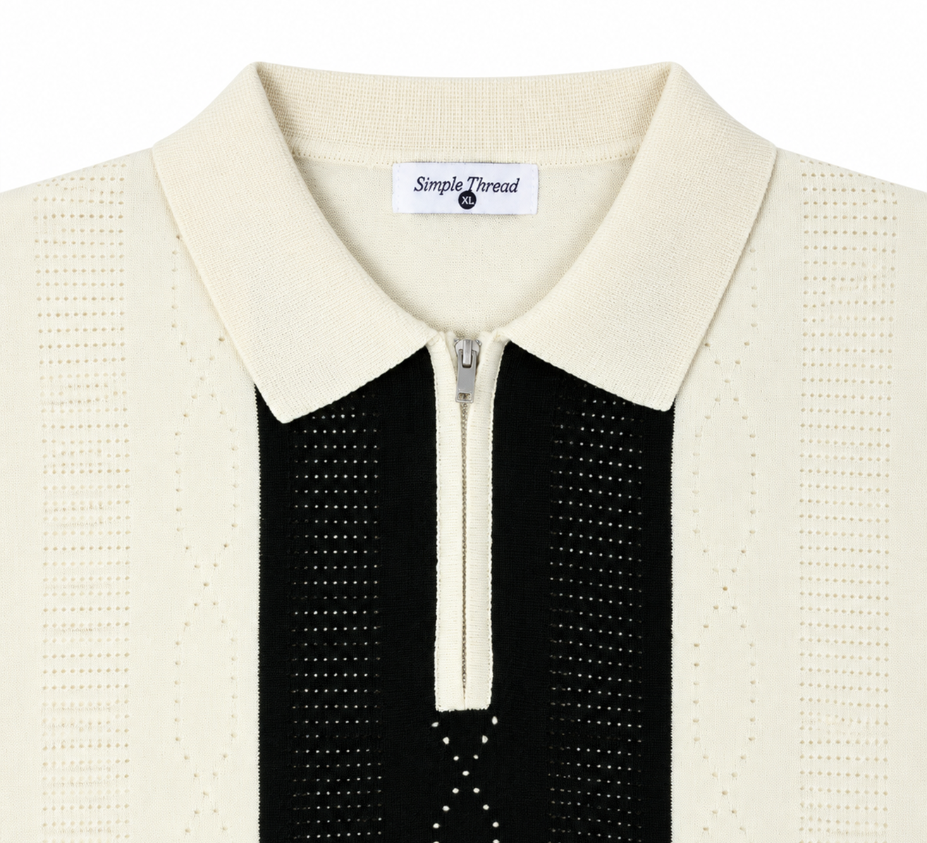 Monaco Ribbed Knit Zip Polo Tee – Cream & Black