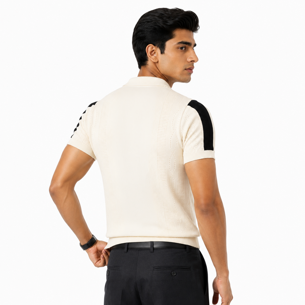 Monaco Ribbed Knit Zip Polo Tee – Cream & Black