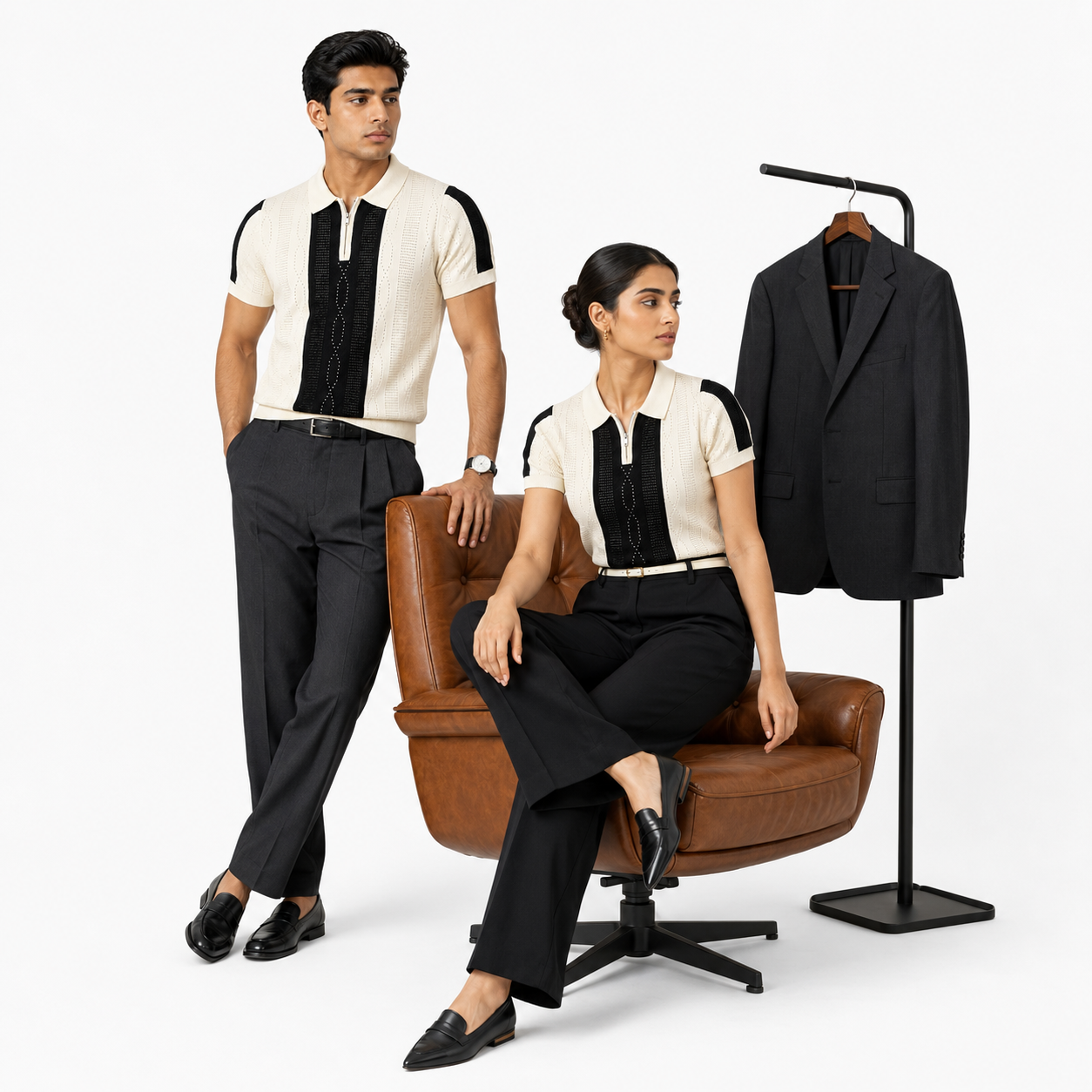 Monaco Ribbed Knit Zip Polo Tee – Cream & Black
