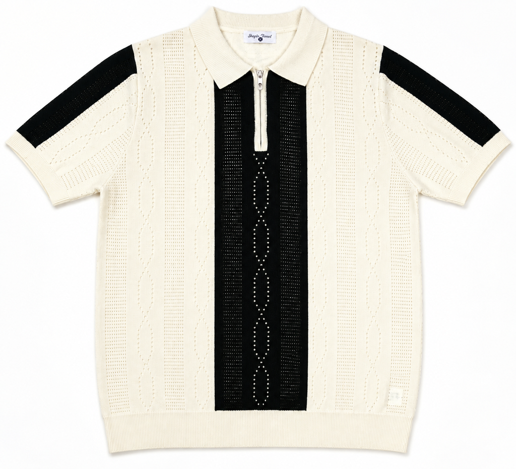 Monaco Ribbed Knit Zip Polo Tee – Cream & Black