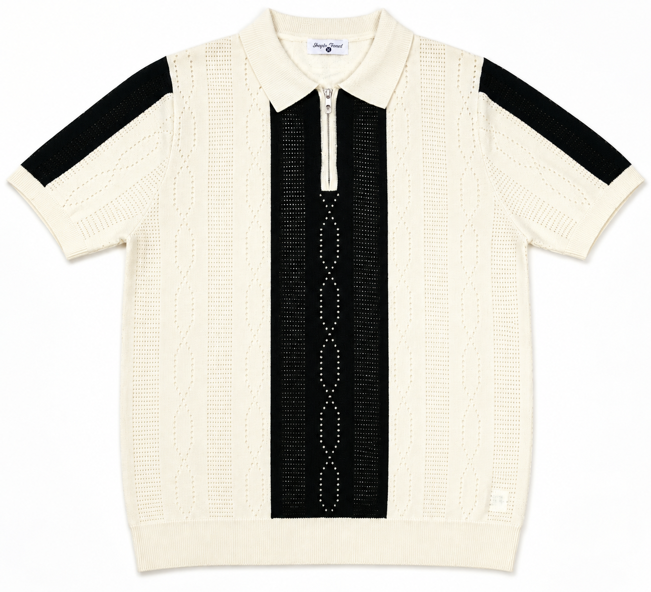 Monaco Ribbed Knit Zip Polo Tee – Cream & Black