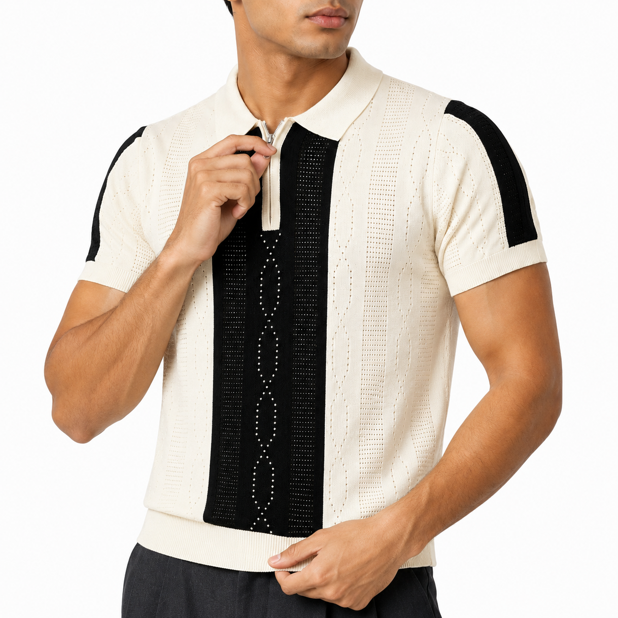 Monaco Ribbed Knit Zip Polo Tee – Cream & Black