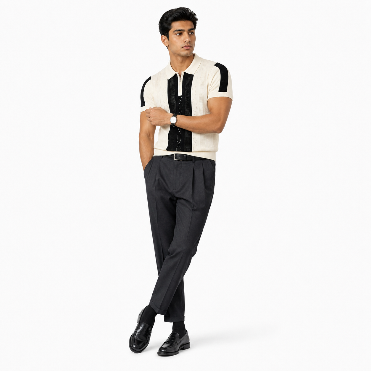 Monaco Ribbed Knit Zip Polo Tee – Cream & Black