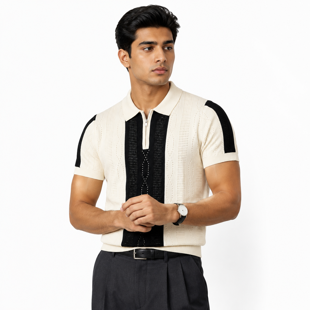 Monaco Ribbed Knit Zip Polo Tee – Cream & Black