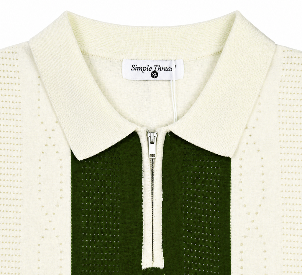 Monaco Ribbed Knit Zip Polo Tee – Cream & Green