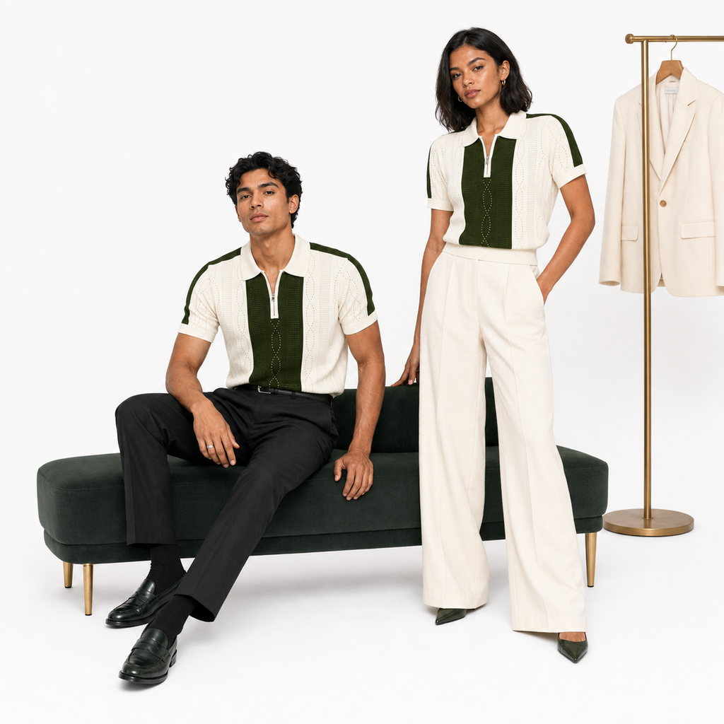 Monaco Ribbed Knit Zip Polo Tee – Cream & Green
