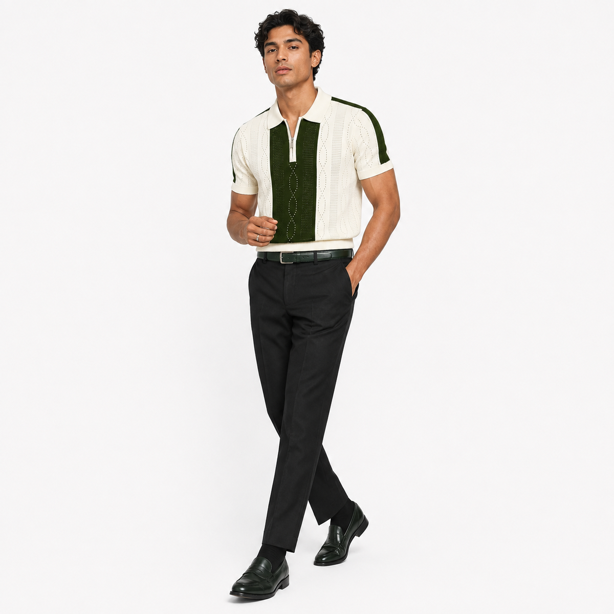 Monaco Ribbed Knit Zip Polo Tee – Cream & Green