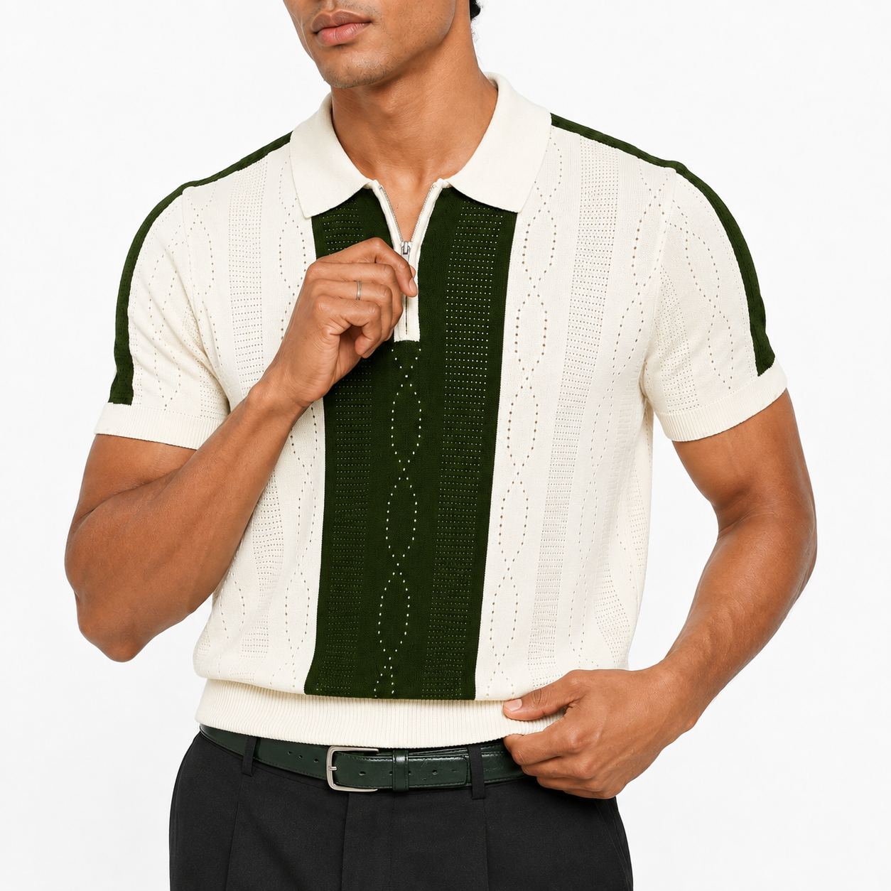 Monaco Ribbed Knit Zip Polo Tee – Cream & Green