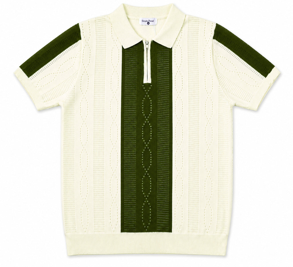 Monaco Ribbed Knit Zip Polo Tee – Cream & Green