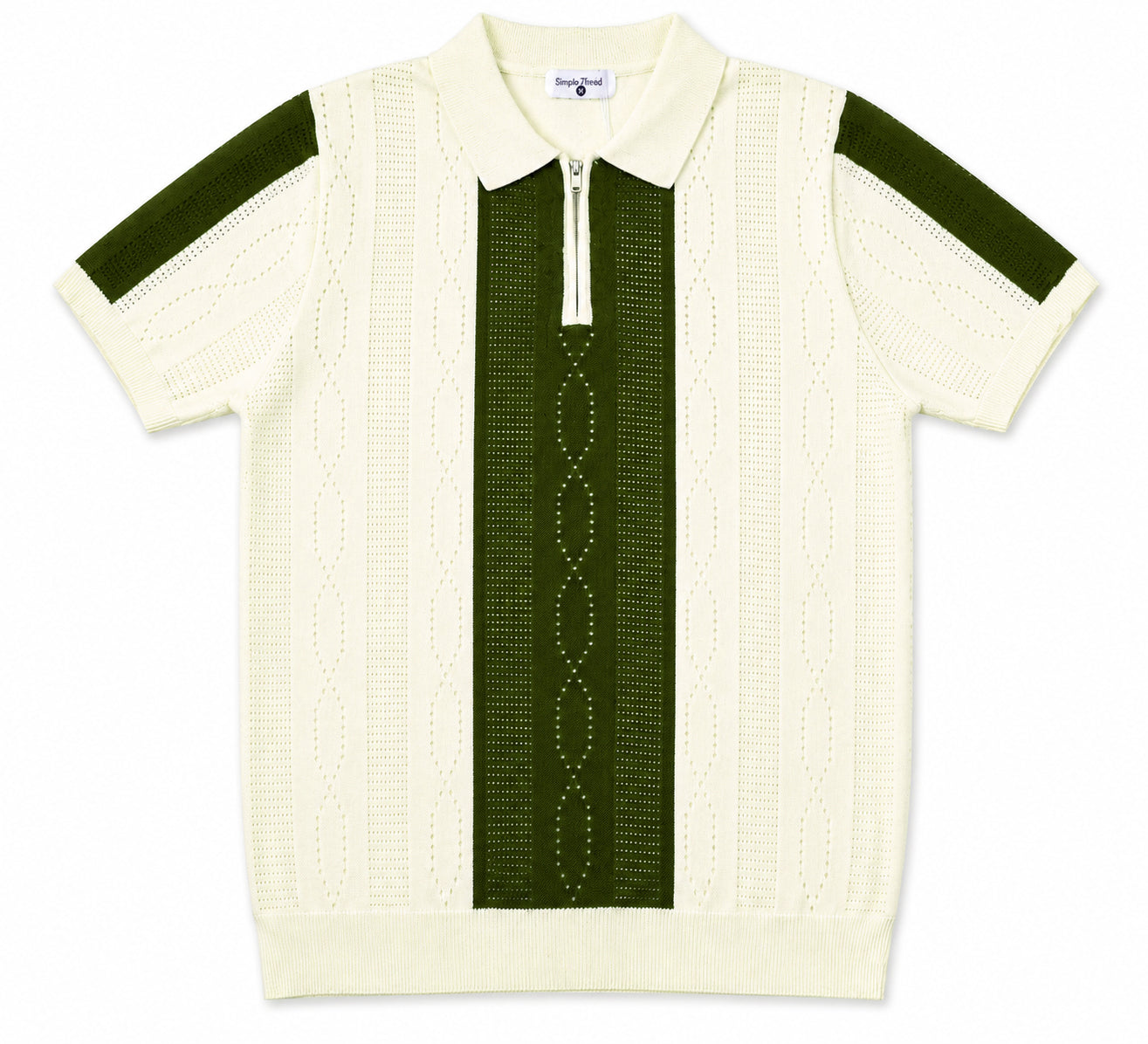 Monaco Ribbed Knit Zip Polo Tee – Cream & Green