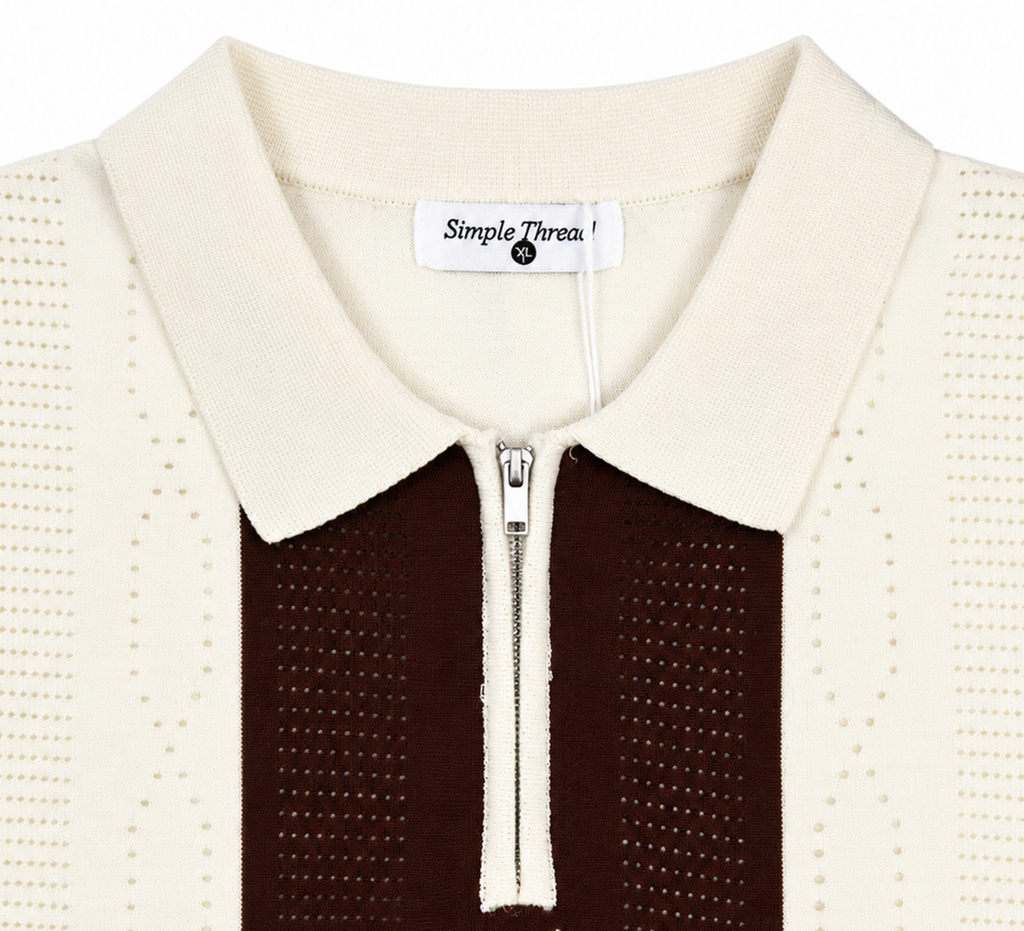 Monaco Ribbed Knit Zip Polo Tee – Cream & Maroon