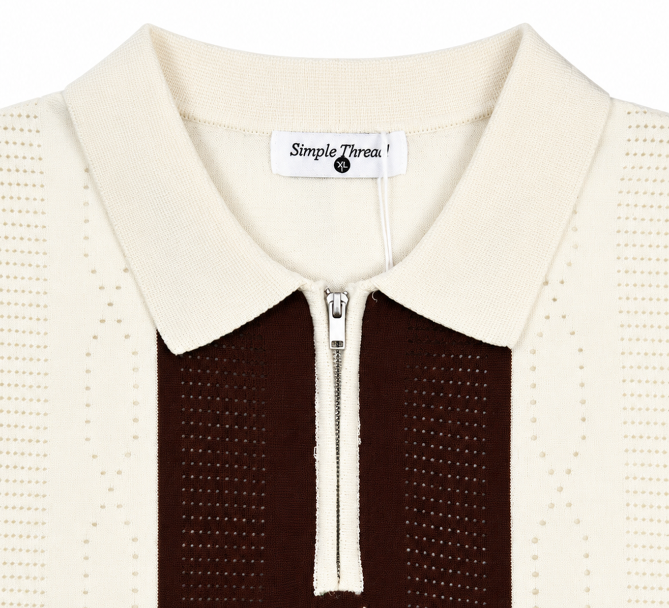 Monaco Ribbed Knit Zip Polo Tee – Cream & Maroon