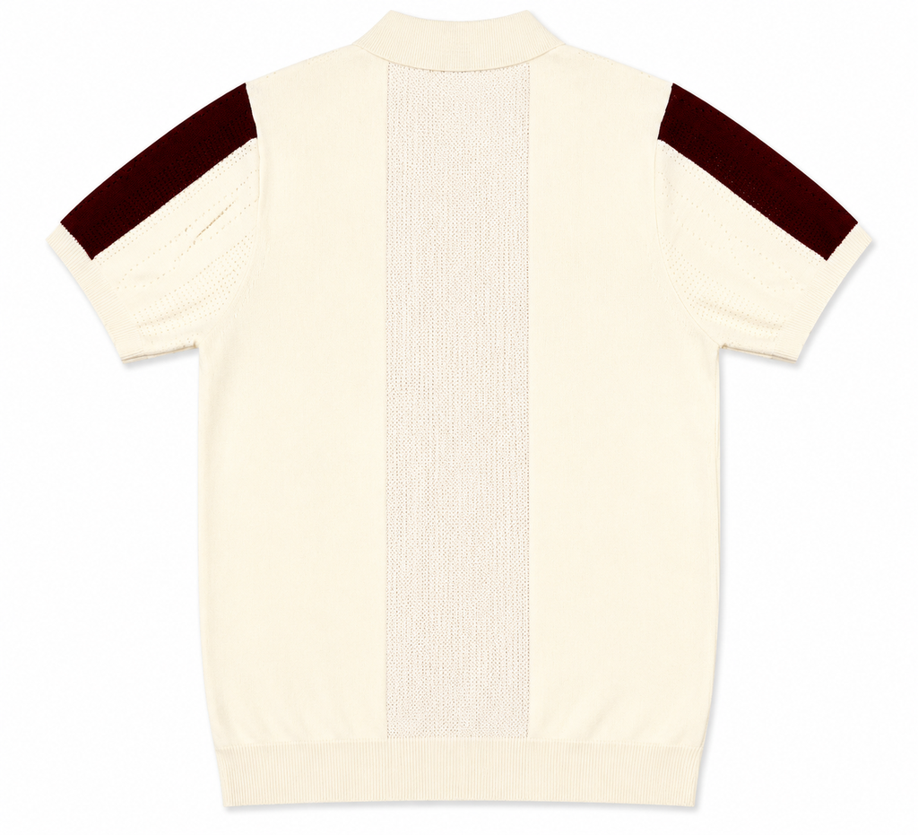 Monaco Ribbed Knit Zip Polo Tee – Cream & Maroon
