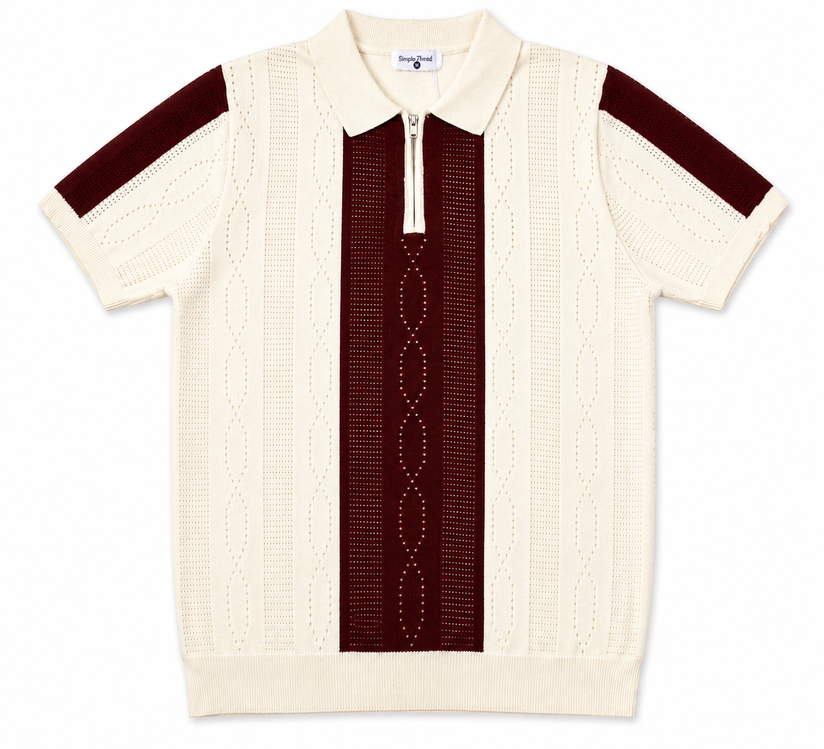 Monaco Ribbed Knit Zip Polo Tee – Cream & Maroon