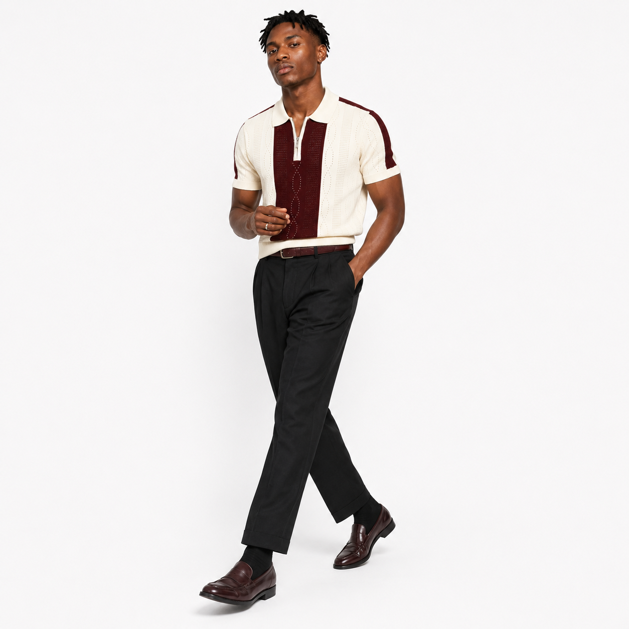 Monaco Ribbed Knit Zip Polo Tee – Cream & Maroon