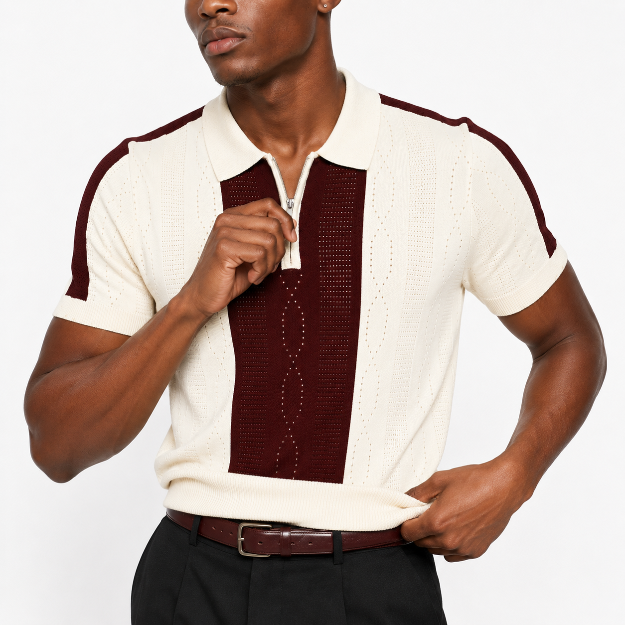 Monaco Ribbed Knit Zip Polo Tee – Cream & Maroon