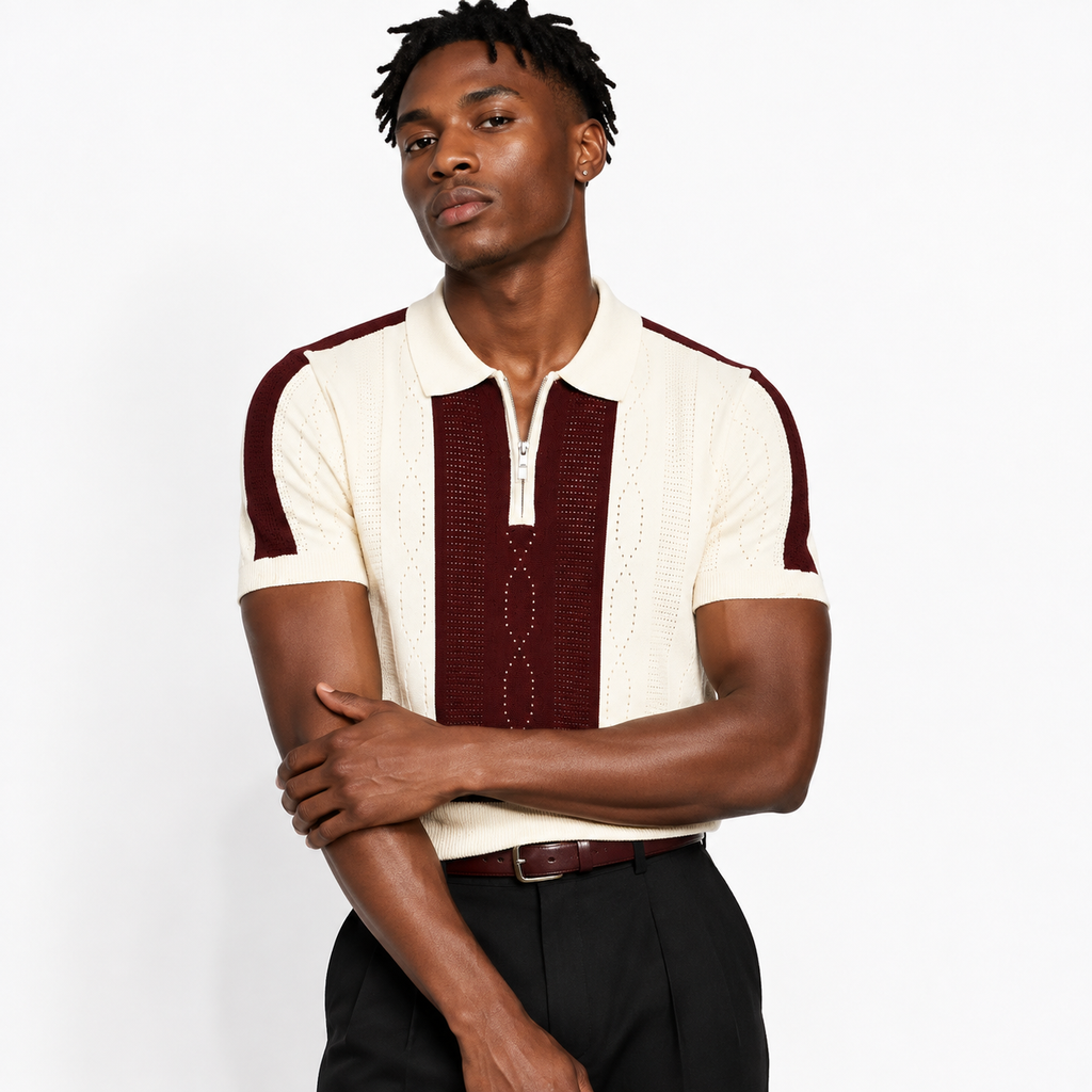 Monaco Ribbed Knit Zip Polo Tee – Cream & Maroon