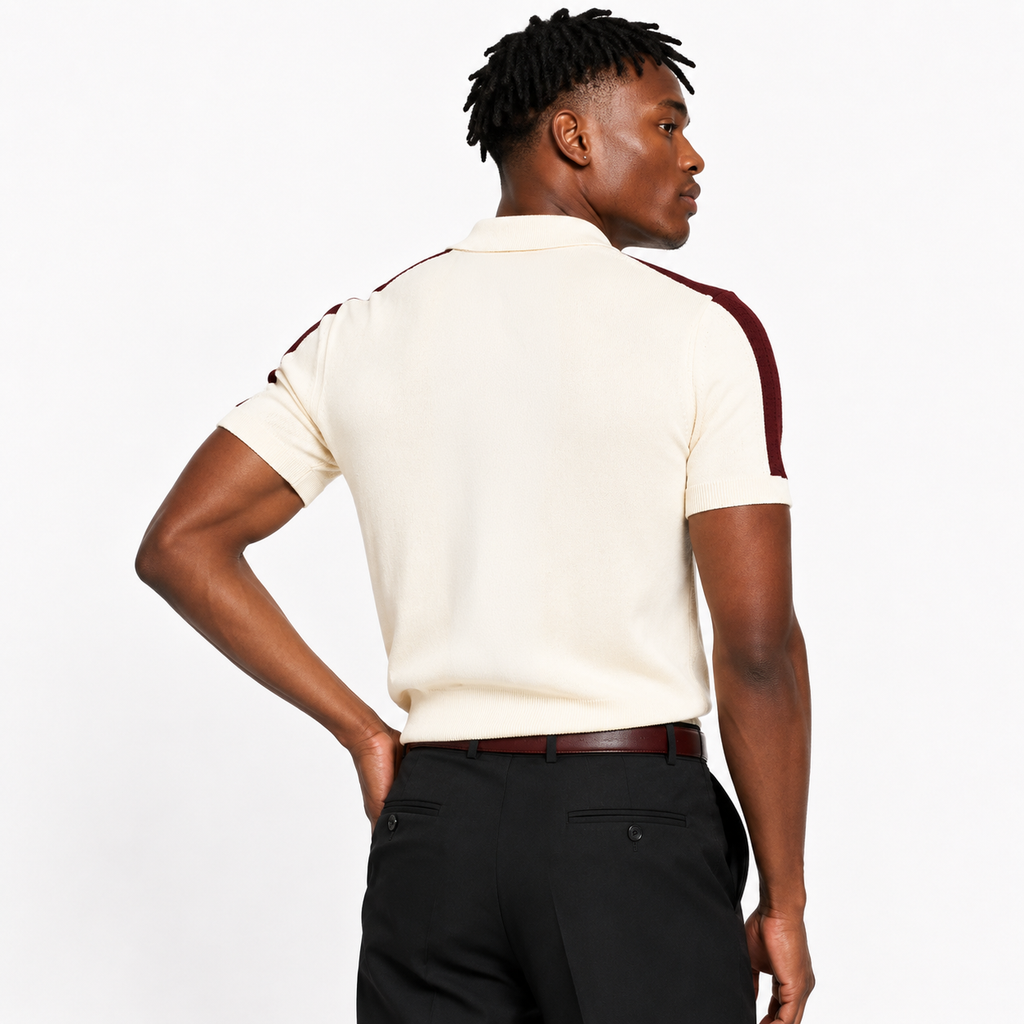 Monaco Ribbed Knit Zip Polo Tee – Cream & Maroon