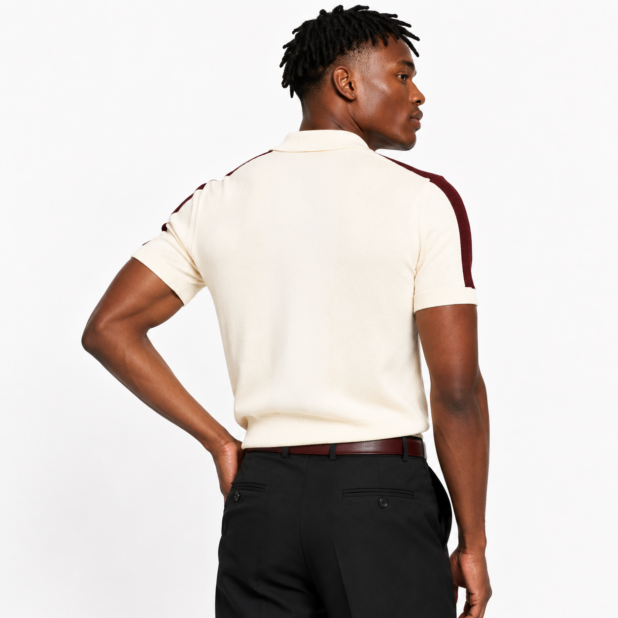 Monaco Ribbed Knit Zip Polo Tee – Cream & Maroon